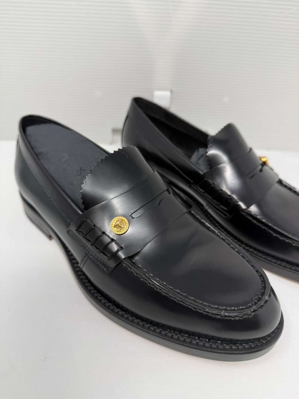 Versace Black Leather Penny Loafers with Gold Medallion - Picture 2 of 4